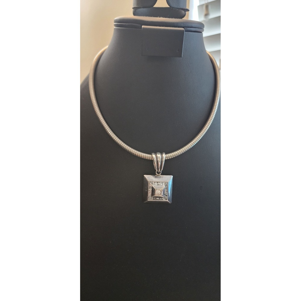 Vintage Silver Tone Omega Chain Square Sunburst Pendant Necklace Clear Crystal